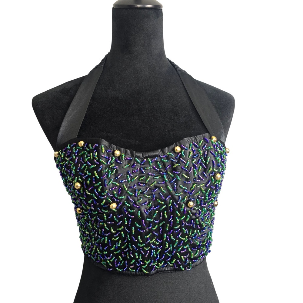 Victoria's Secret VTG Gold Label Black Corset Blue Green Beaded Bra Bustier Med